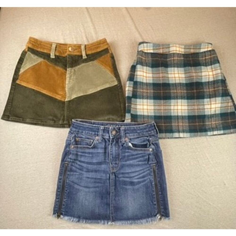 Bundle 3 American Eagle Skirts Plaid Flannel Corduroy Denim Fall Autumn 0 00 XS
